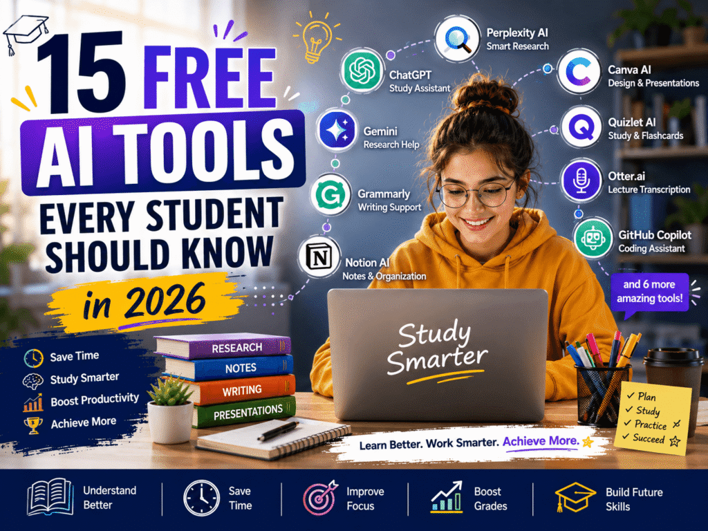 "Student using free AI tools for students in 2026 to study smarter and boost productivity.