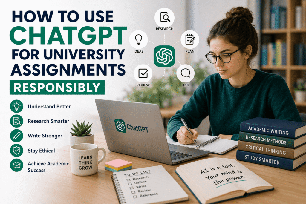 Student using ChatGPT responsibly for university assignments.