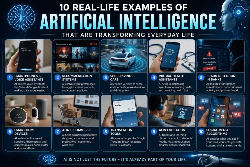 Infographic showing 10 real-life examples of artificial intelligence in everyday life.