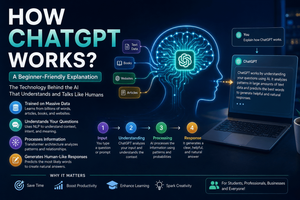 Infographic explaining how ChatGPT works using AI, NLP, and language models.