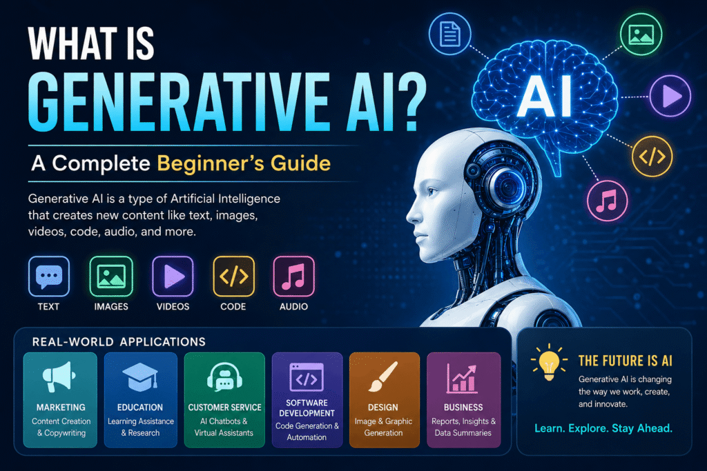 What Is Generative AI infographic showing AI-generated content and applications