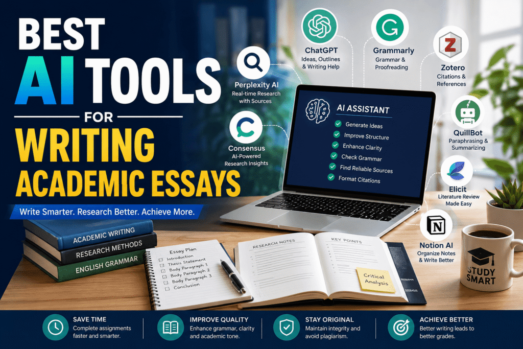 Best AI tools for writing academic essays with research, grammar, and citation support.