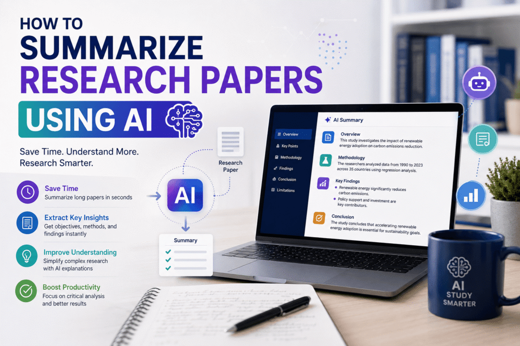 AI-powered tool summarizing a research paper on a laptop for faster academic research.