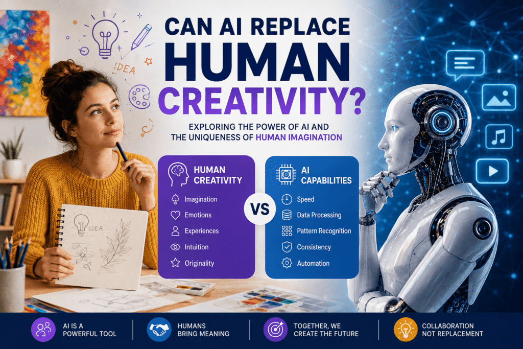 AI and human creativity comparison showing collaboration between technology and imagination.