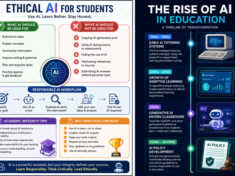 Infographic explaining AI ethics for students and responsible homework practices.